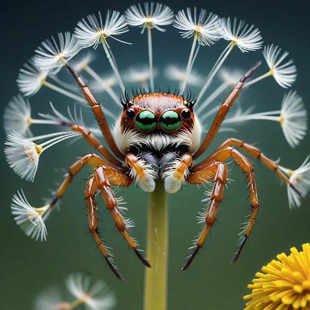 Spider Amidst a Dazzling Dandelion Sea in Vibrant, Hyper-Rea...