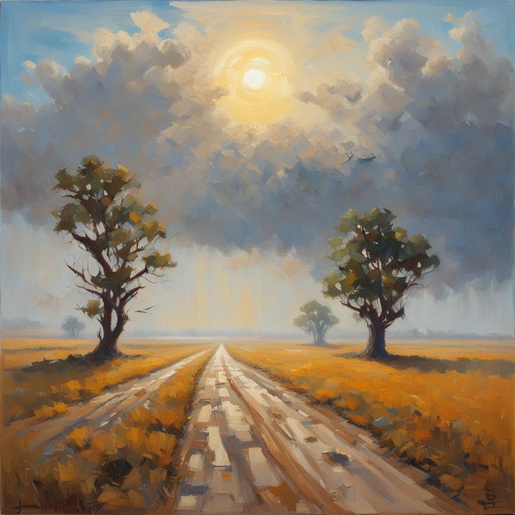 Steppe Road with Fog, Oil Painting