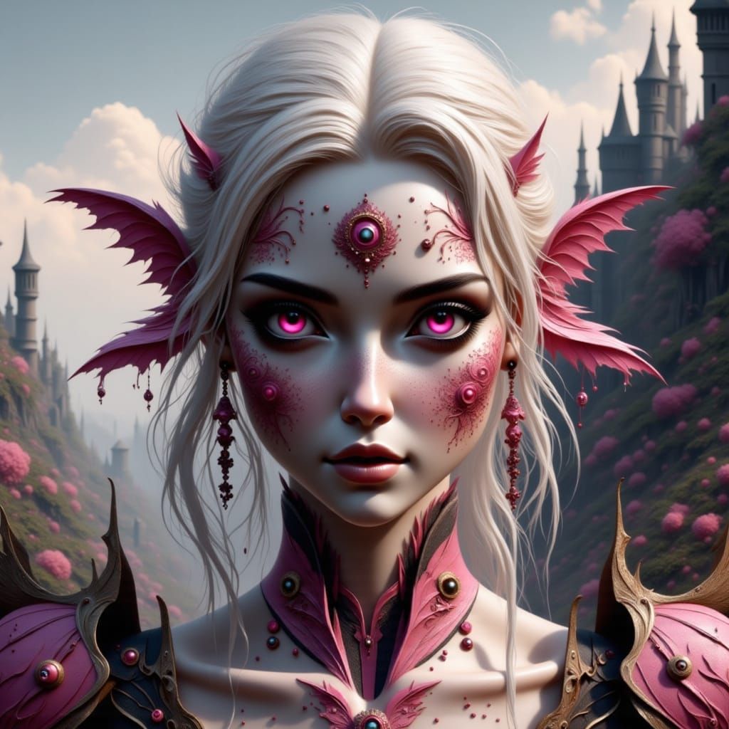 Beautiful Half-Orc Giantess with Bright Pink Eyes