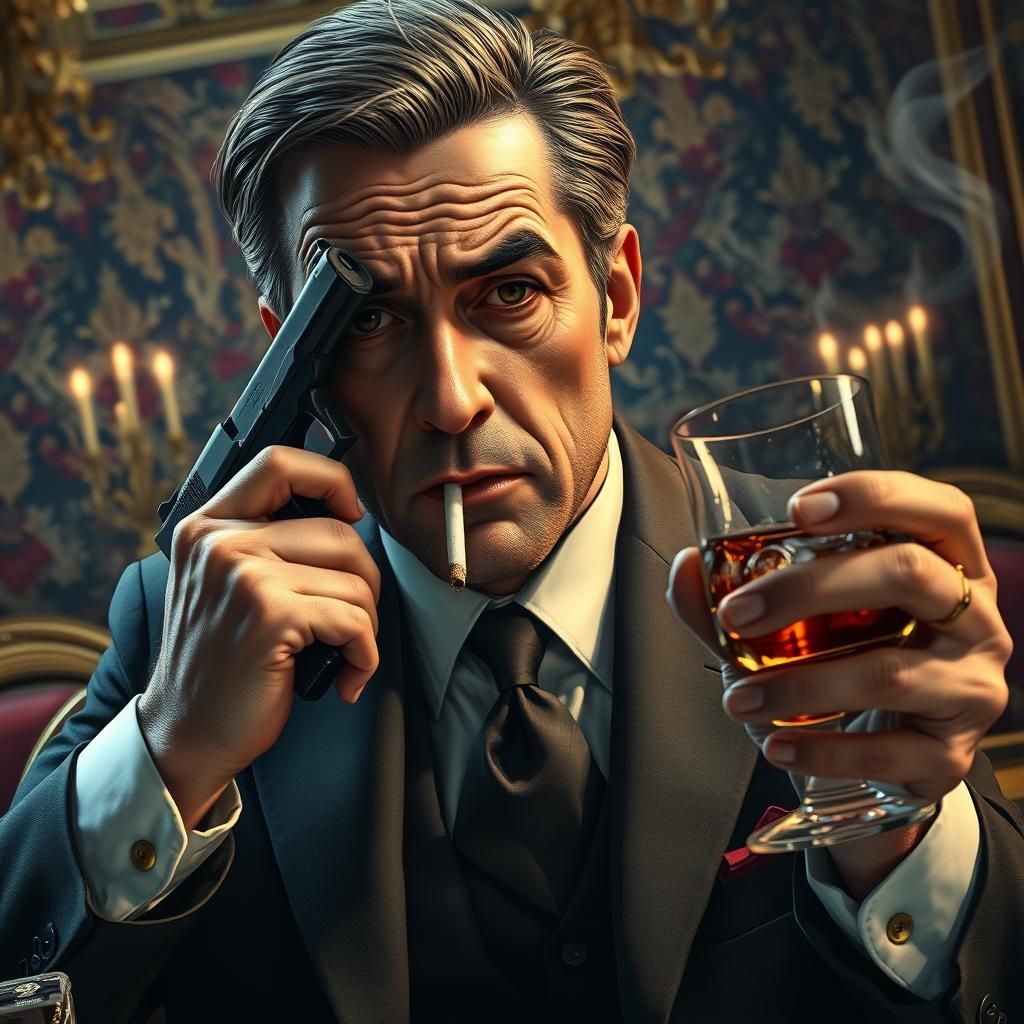 Man in Despair with Gun, Hyperrealistic Concept Art