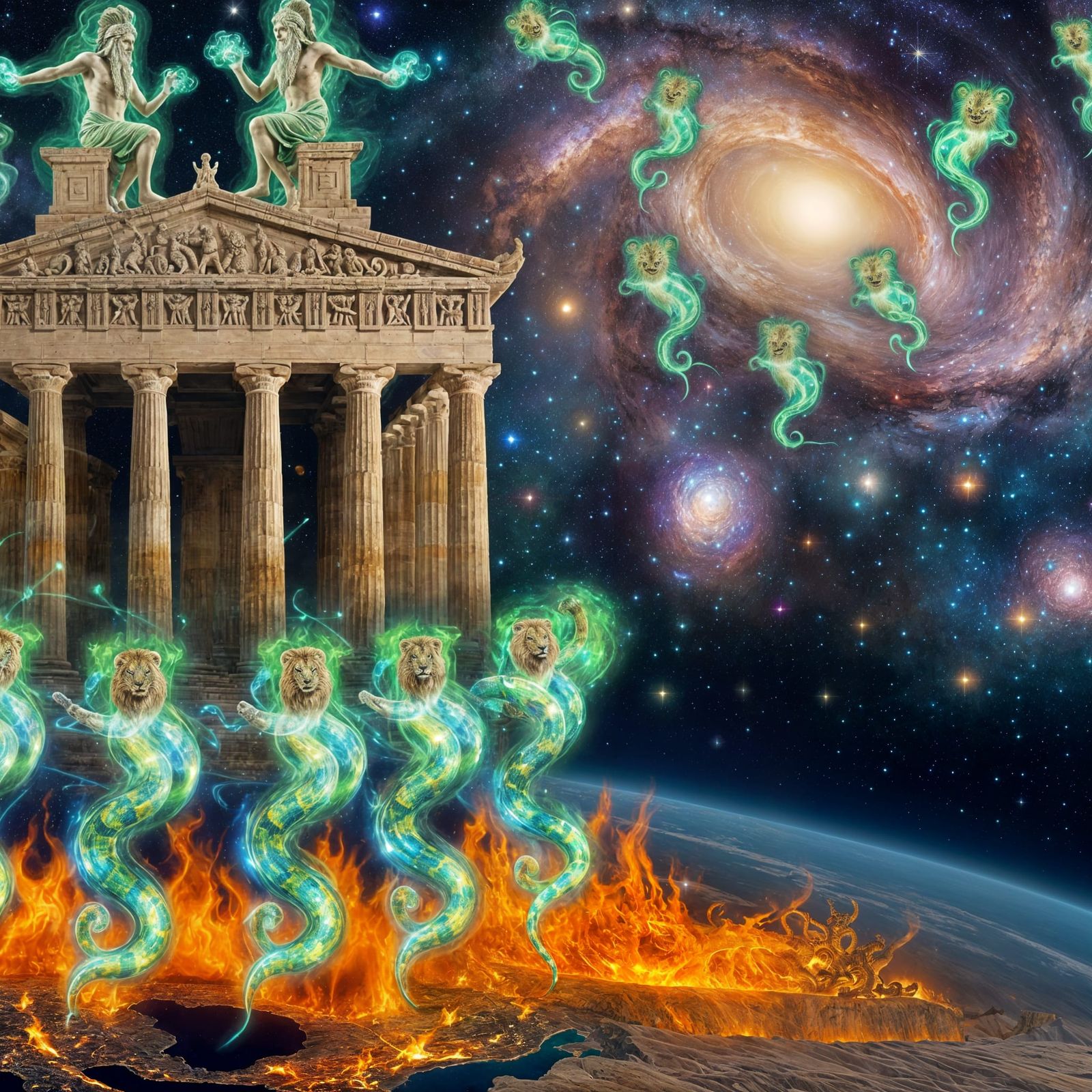 Colossal Temple with Serpent-Lion Deities in Space