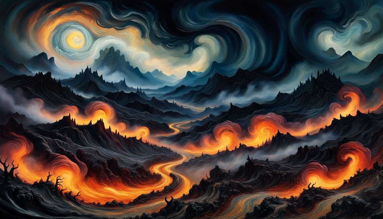 Fiery Vortex in Mystical Landscape, Inspired by Impasto