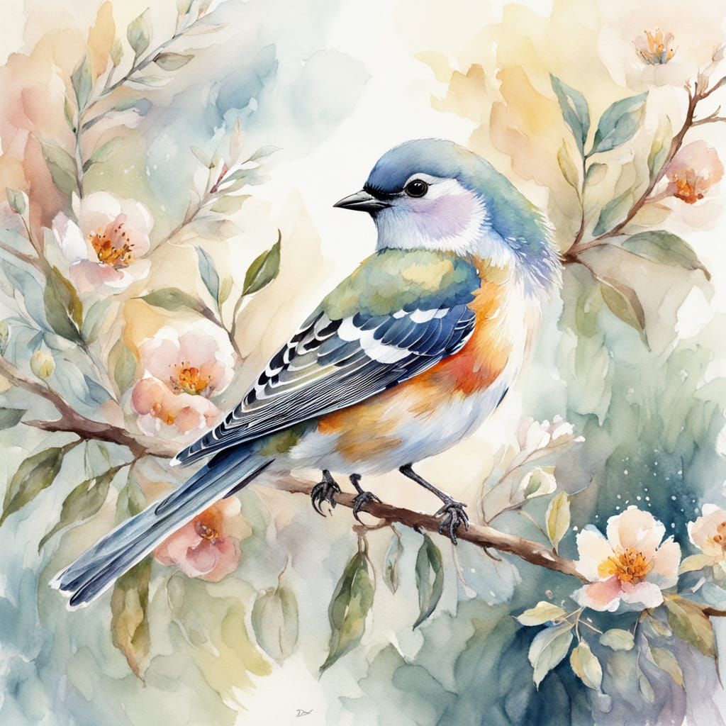 Dreamy Songbird Portrait in Whimsical Watercolor Style