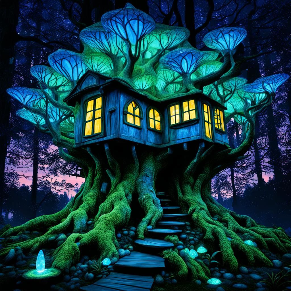 Fairy Treehouse in Bioluminescent Forest