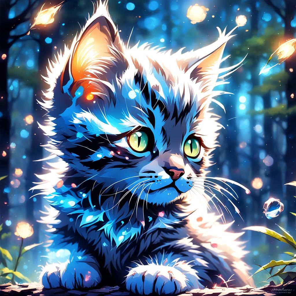 Adorable Tabby Kitten in Magical Forest Illustration