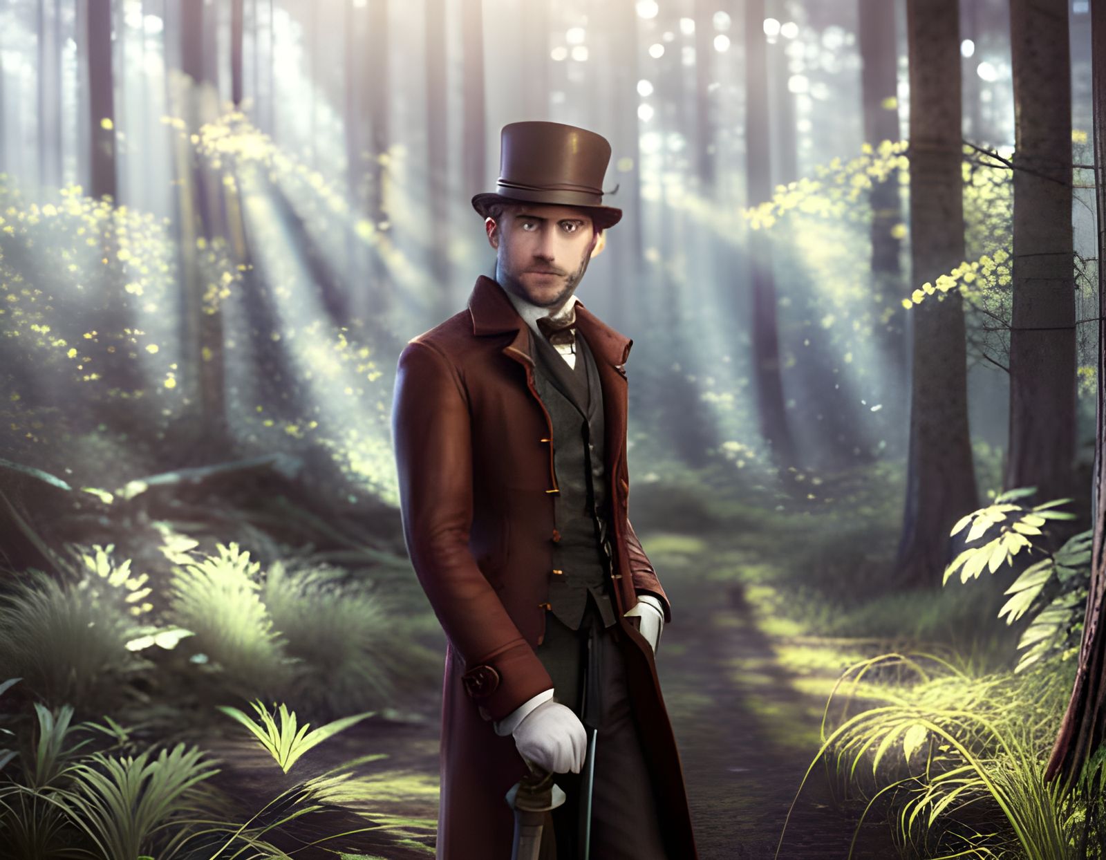 Steampunk Man in Victorian Forest: Cinematic 3D Render
