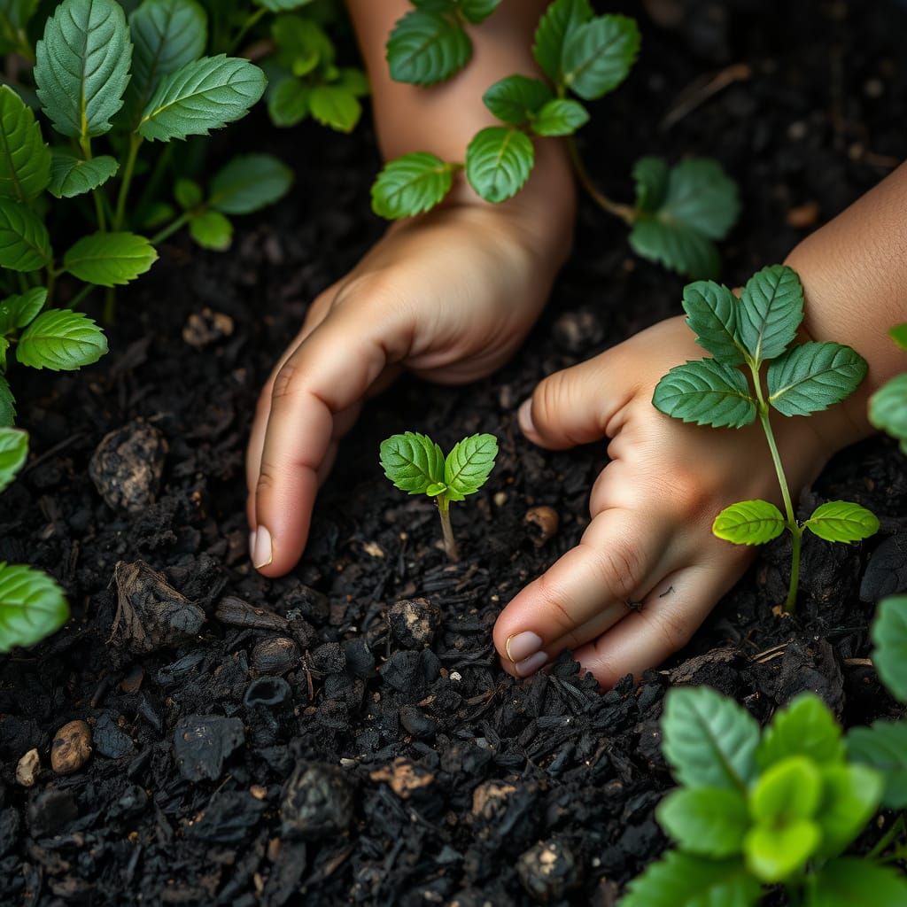 Child Planting Seed: Macro Shot of Vibrant Green Sprout