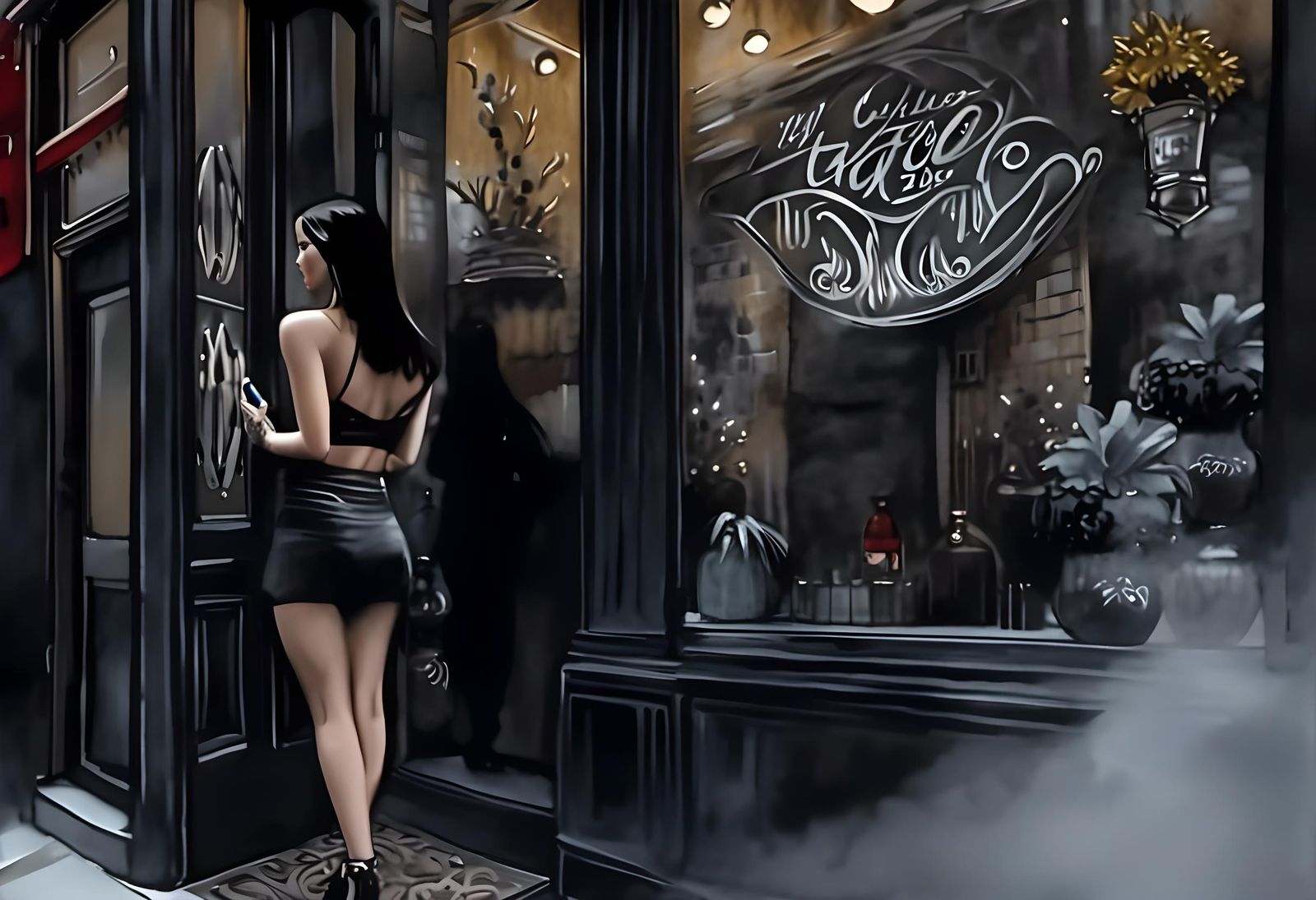 Watercolor Tattoo Shop Street View Ink Painting