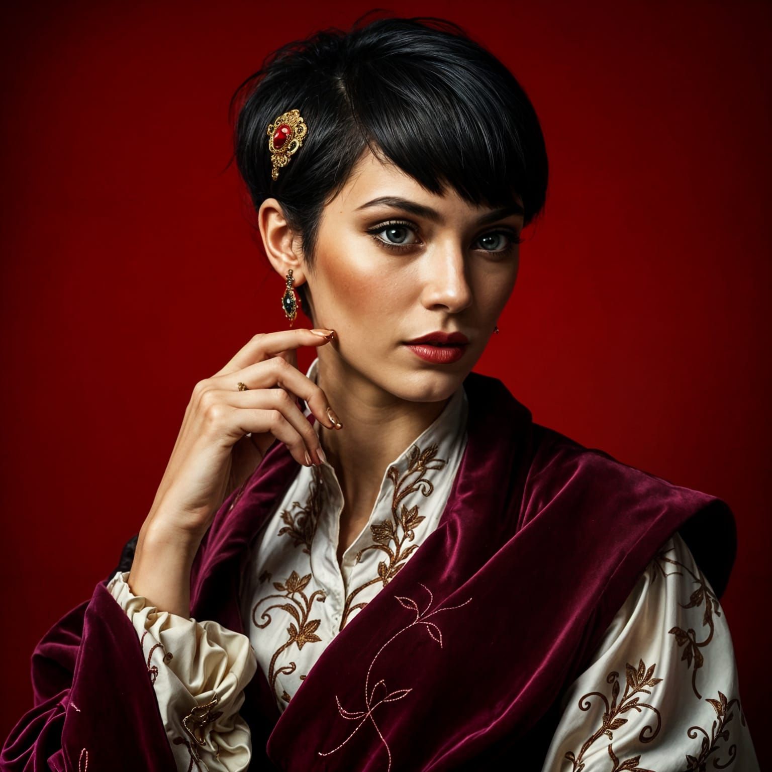 Elegant Woman in Baroque Attire with Ornate Hairpins and Reg...