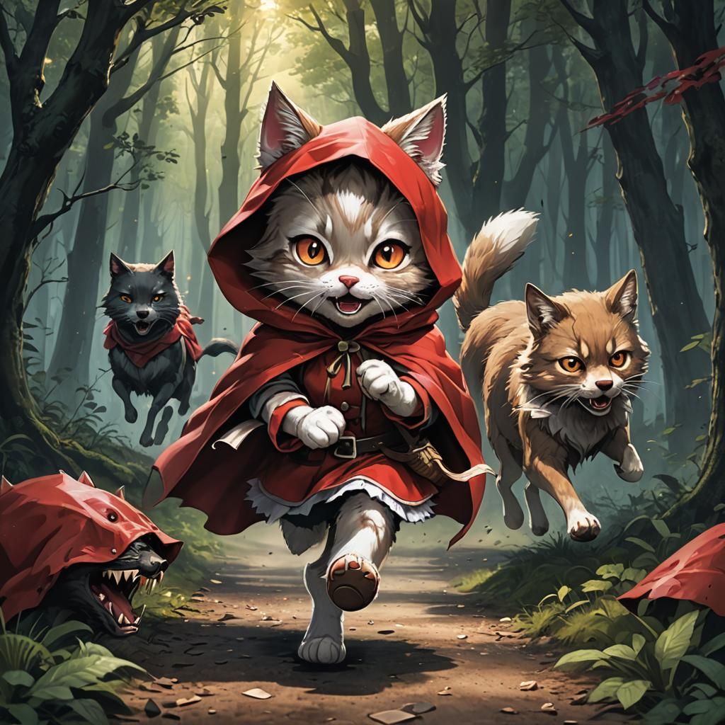 Cat as Little Red Riding Hood in Anime Style
