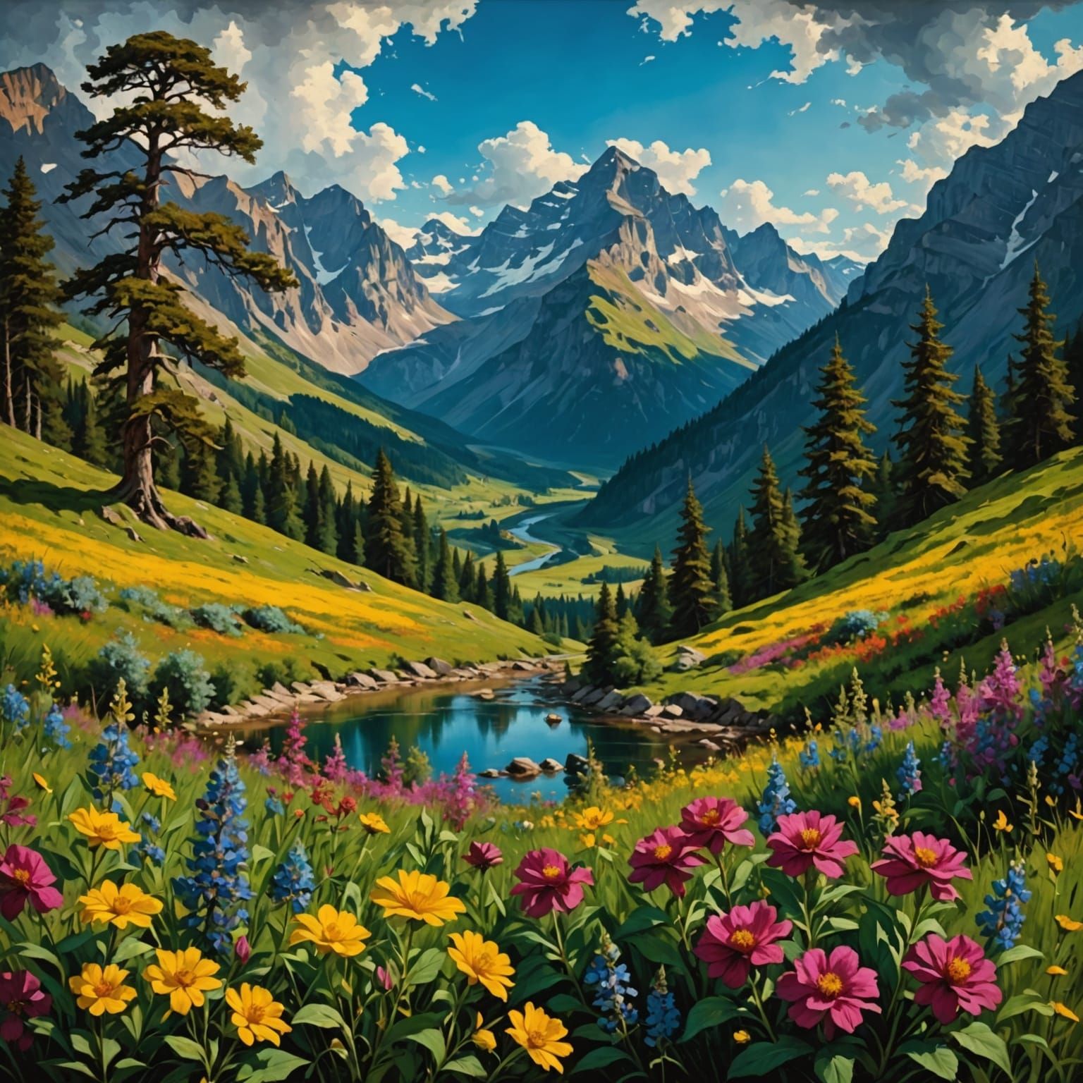 Wildflowers in a Baroque Landscape with Jewel Tones