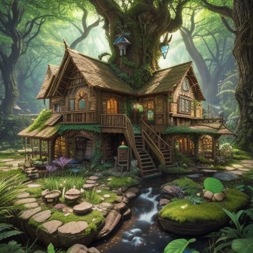 Enchanted Forest with Fairy Village: Pen and Ink Drawing