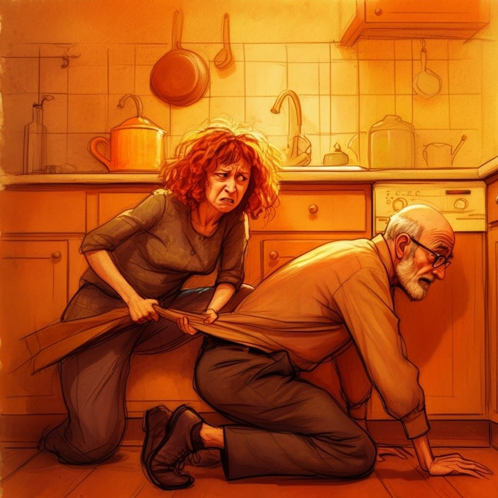 Elderly Man Tries to Hide from Frustrated Woman in Kitchen C...