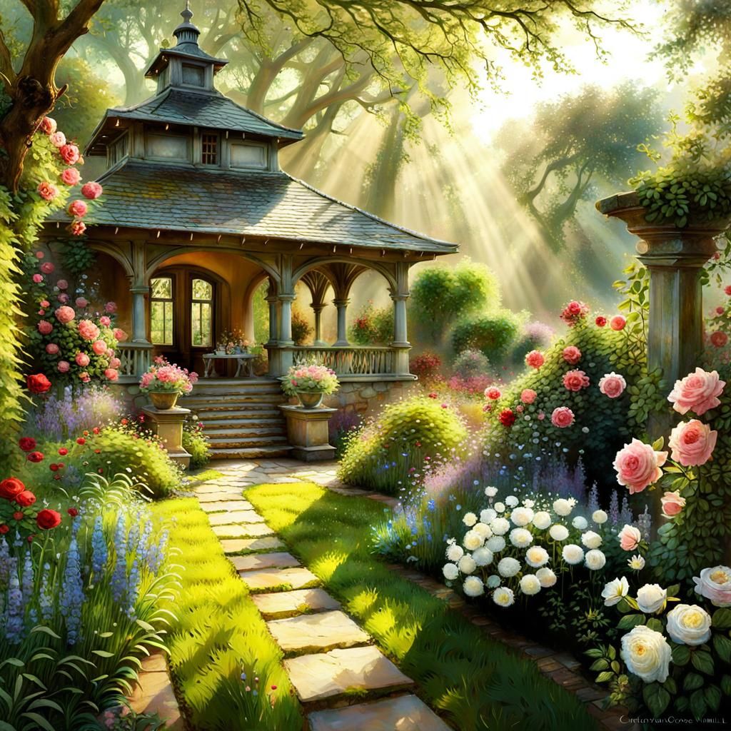 Detailed English Garden with Crepuscular Rays