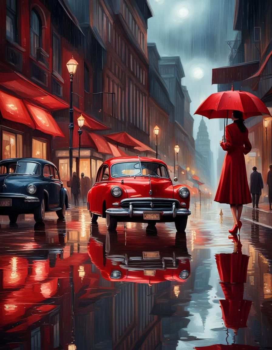 Rainy City Reflection: Vintage Car in Matte Painting Style