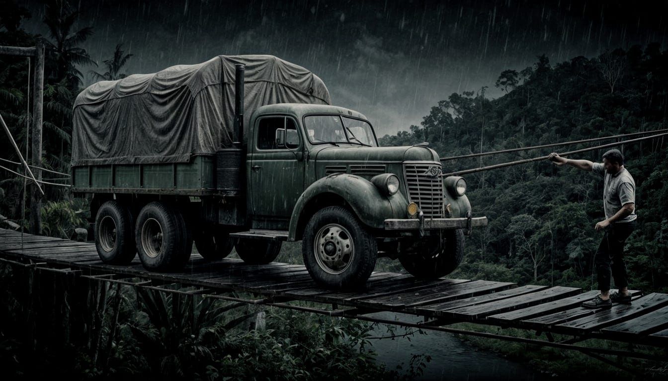 Vintage Cargo Truck Crossing Jungle Bridge in Rain