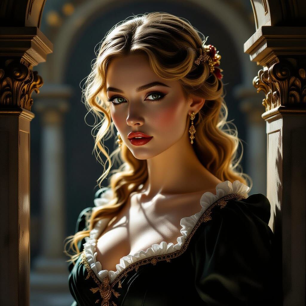 Renaissance Sculpture of a Woman Illuminated by Mercury Ligh...