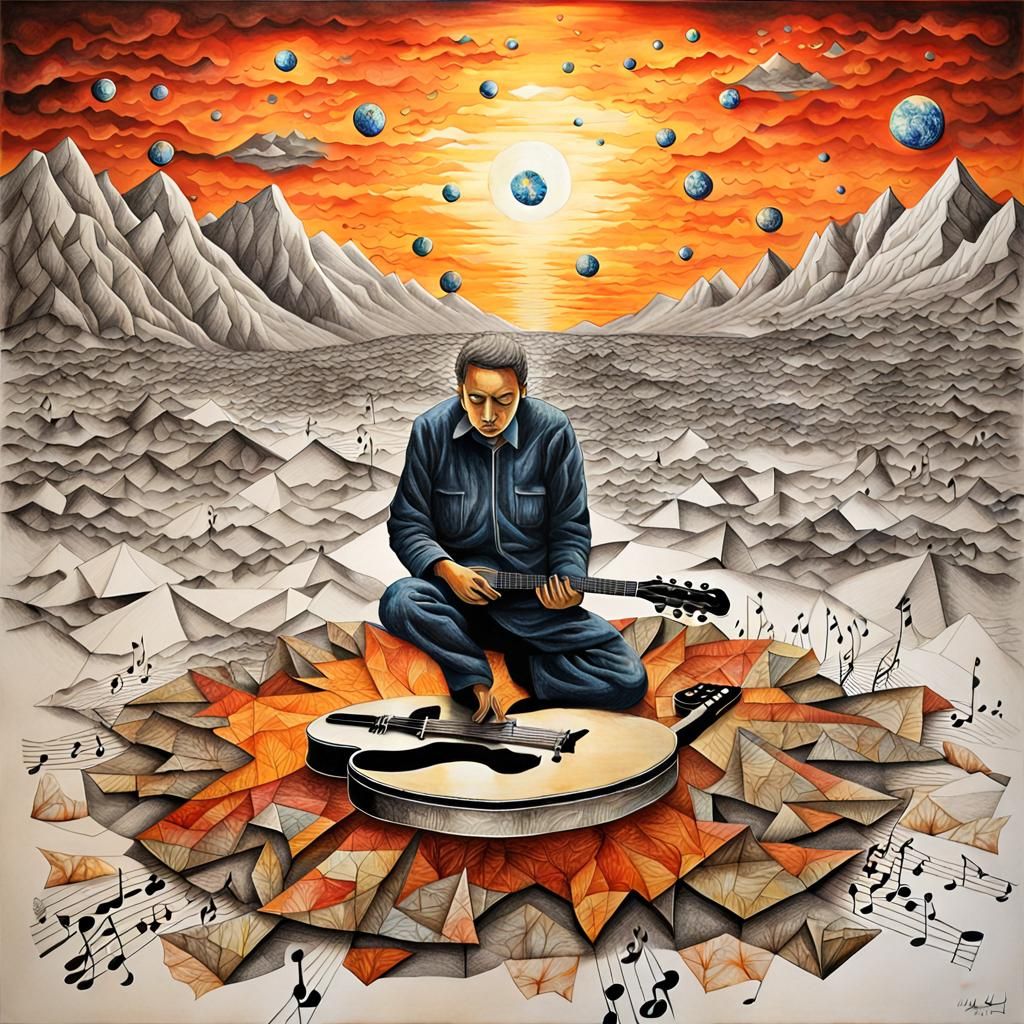 Surreal Bio Art Drawing of Wounded World at Sunset