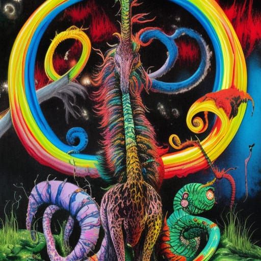Rainbow Giraffe Ouroboros Hydra in Splatterpunk Style