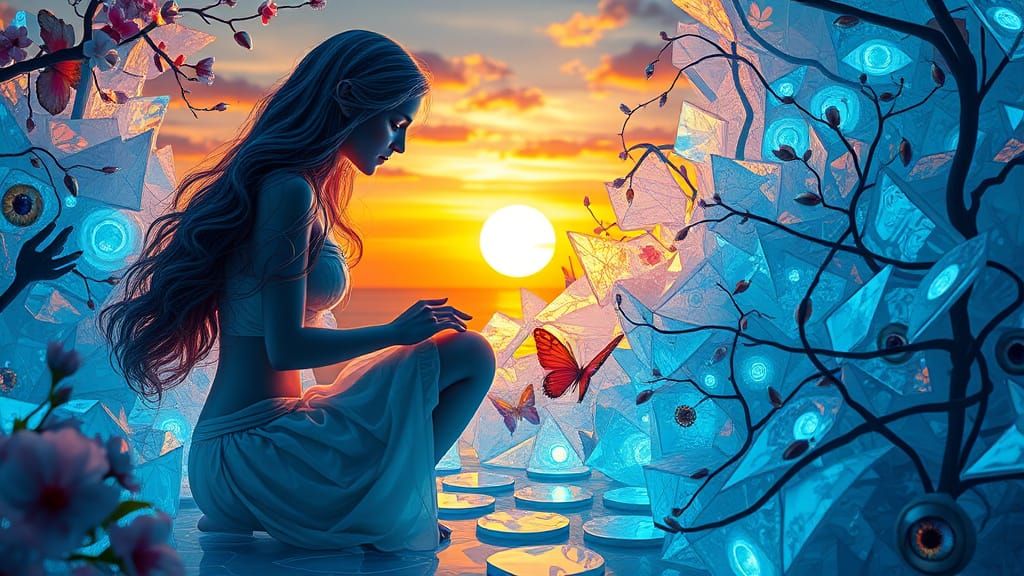 Surreal Goddess Unites Shattered Mirrors in a Dreamlike Land...