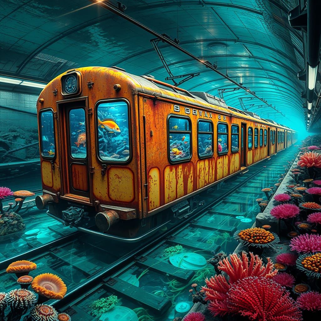 Majestic Train in Turquoise Waters, Coral, and Fish