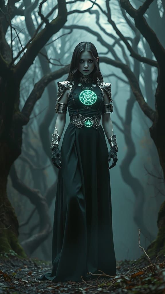 Cybernetic Sorceress in Dark Fantasy Landscape