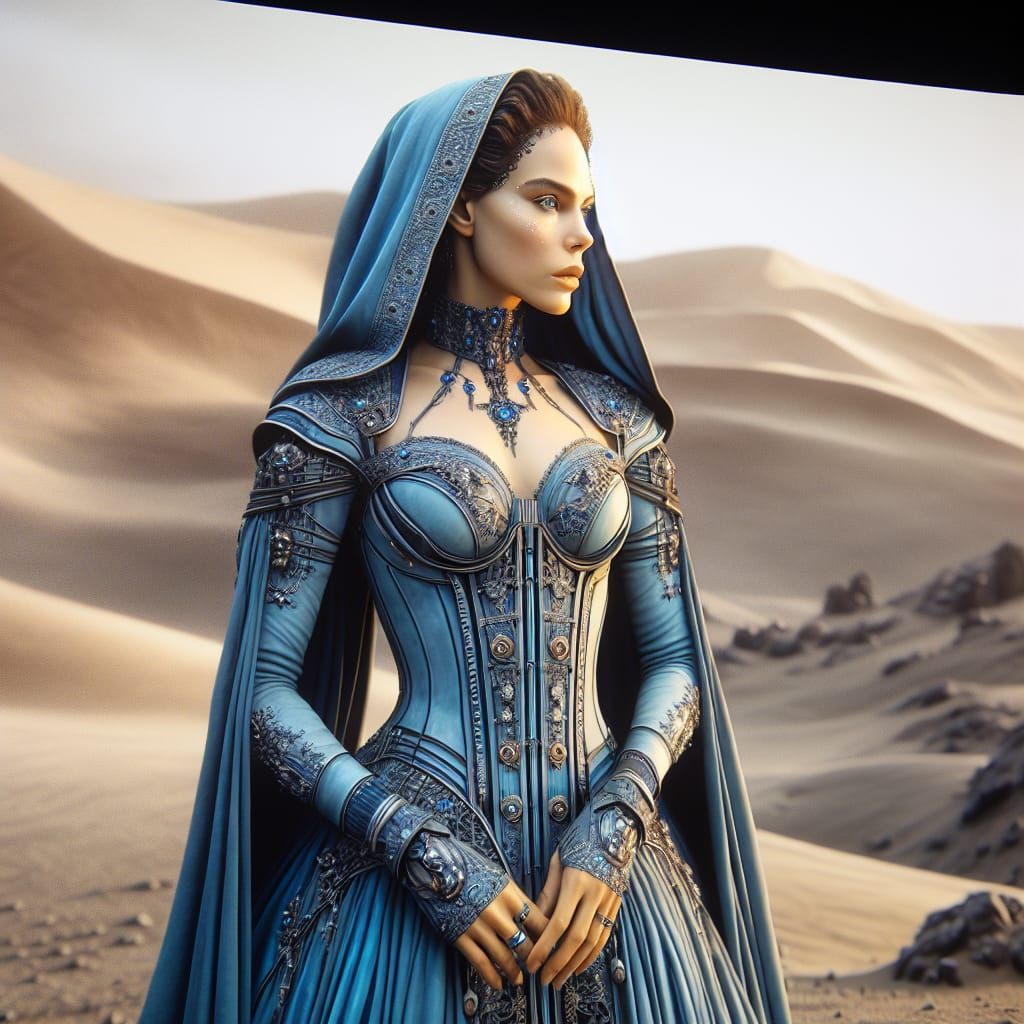 Candid photo of woman in futuristic   blue dress in Star wars  film style. Desert background. hyperrealism gothic art fi...