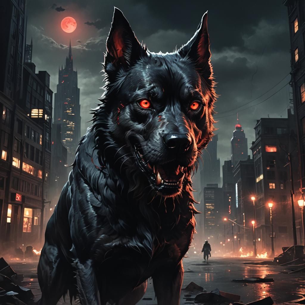 Ominous Snarling Dog in Dark Fantasy Cityscape