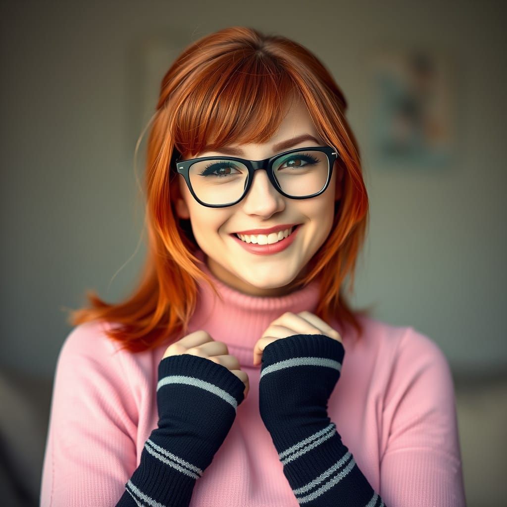 Vibrant Redhead Woman in Pastel Pink Sweater