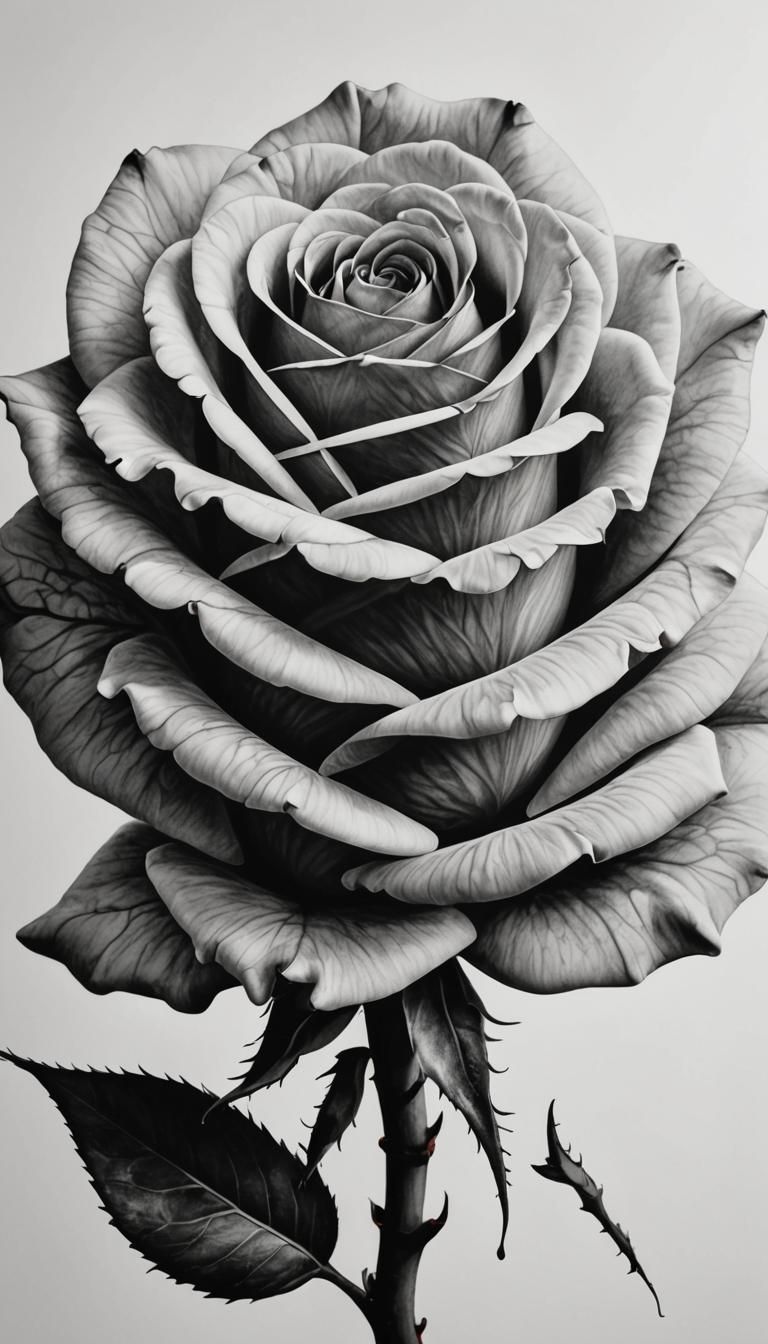 Detailed Black and White Rose Minimalistic Drawing