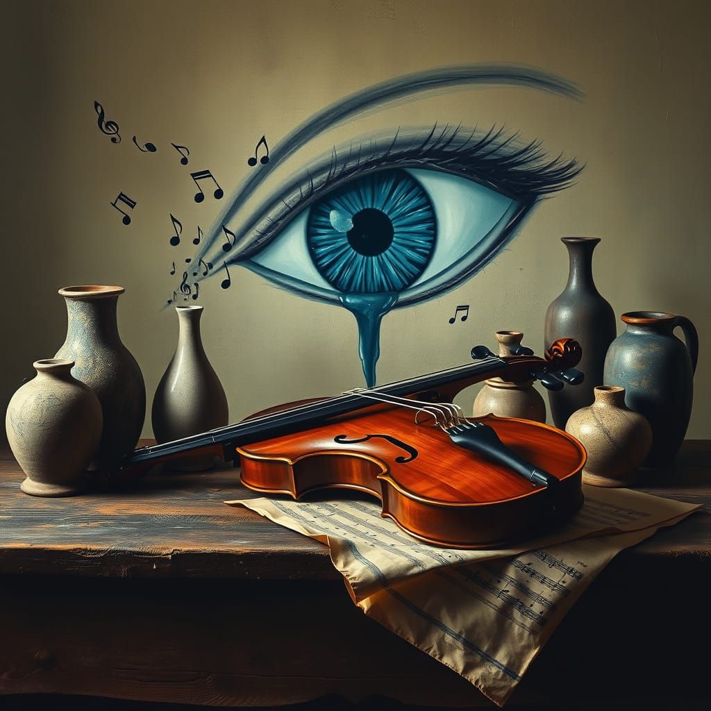 Surreal Still Life: Violin, Abstract Vases, and Floating Mus...