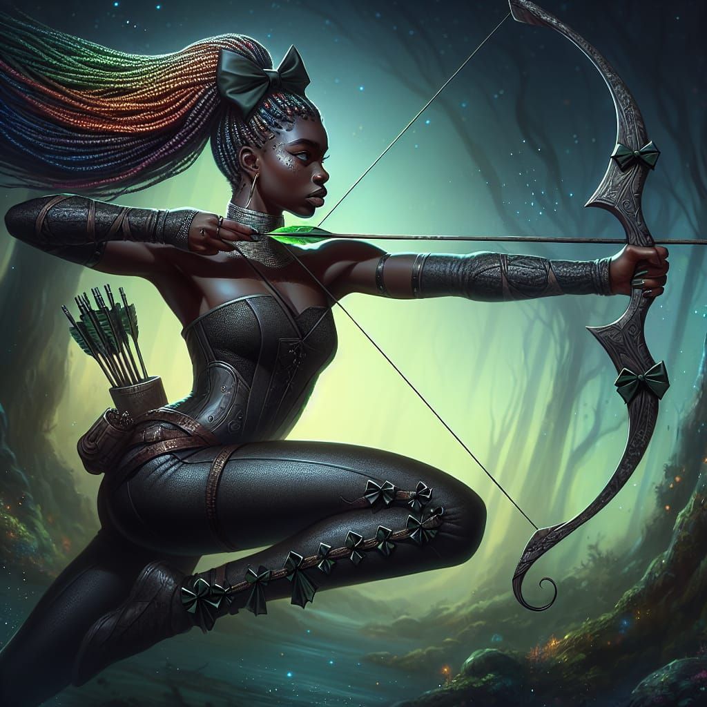 Fantasy Archer with Obsidian Bow in Dark Forest