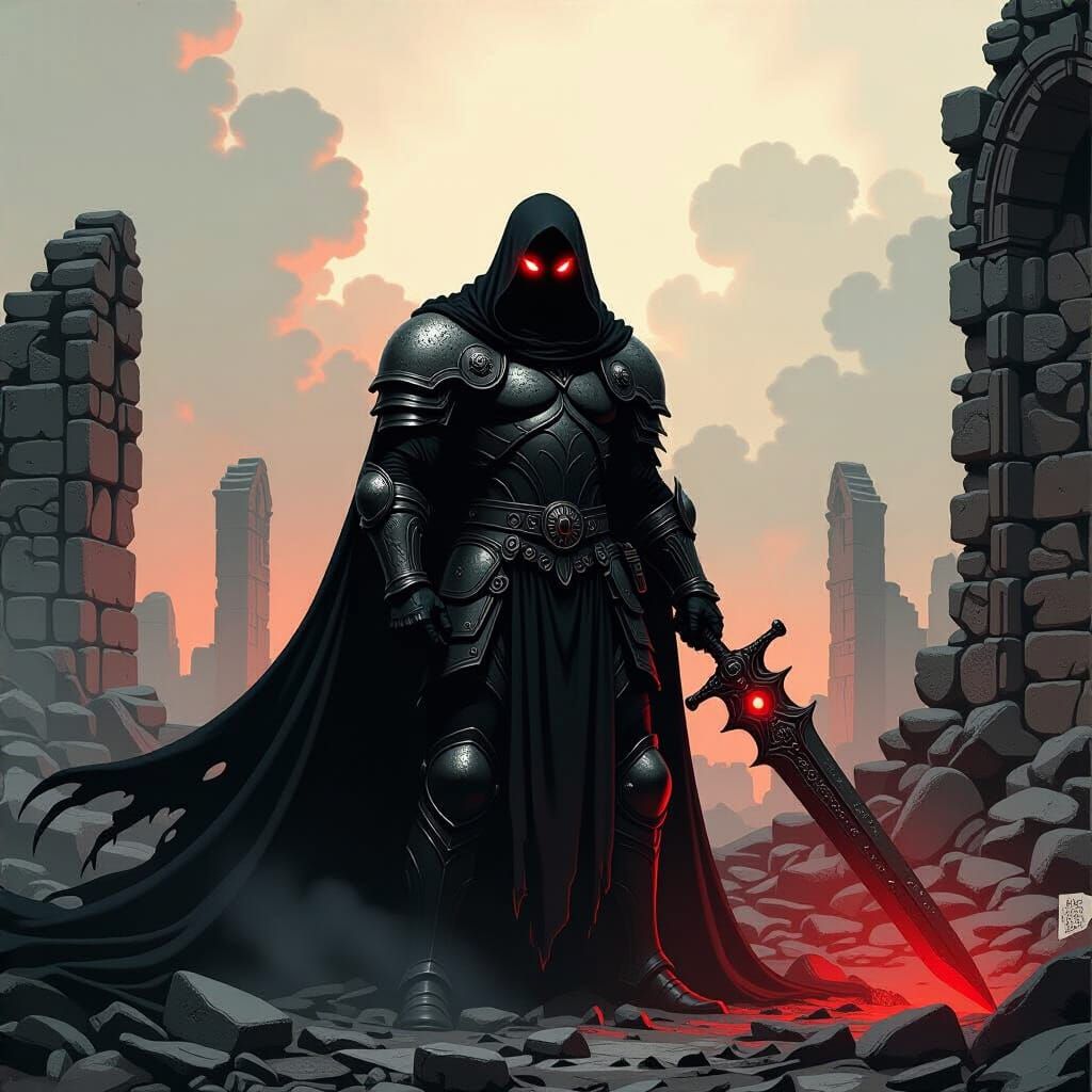 Evil Immortal Warrior in Desolate Ruins