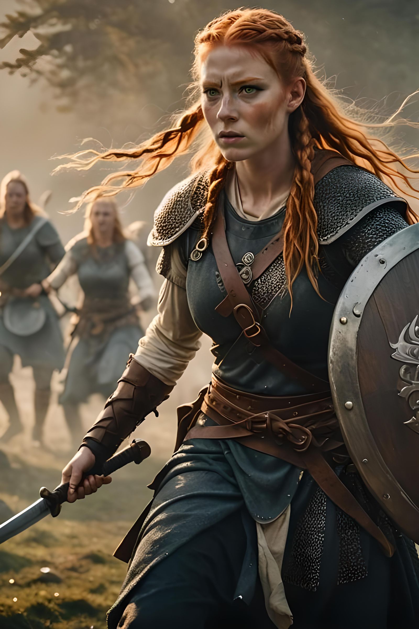 Cinematic Norse Shieldmaiden in Battle