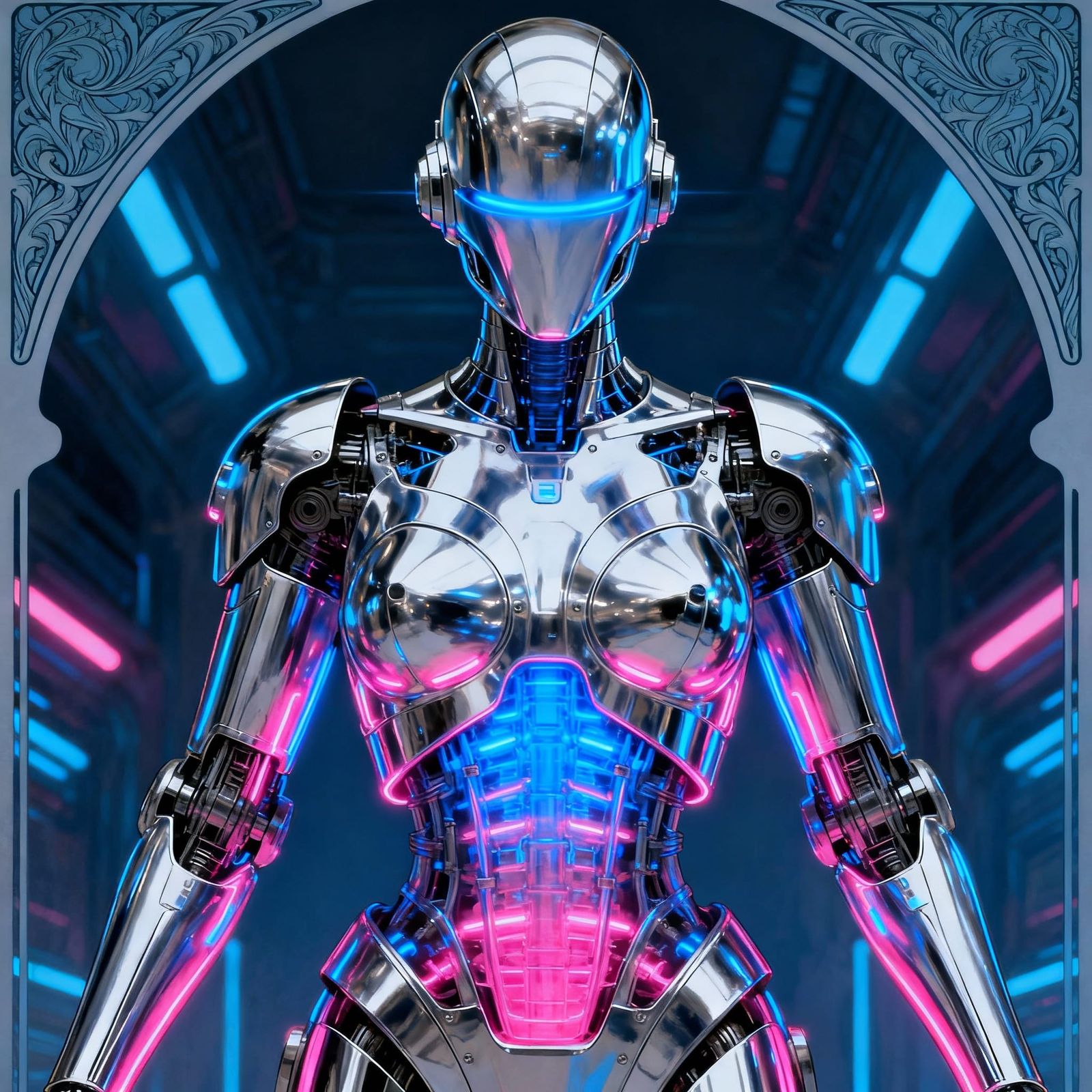 Cyberpunk Droid Soldier Portrait in Blue and Pink Glow