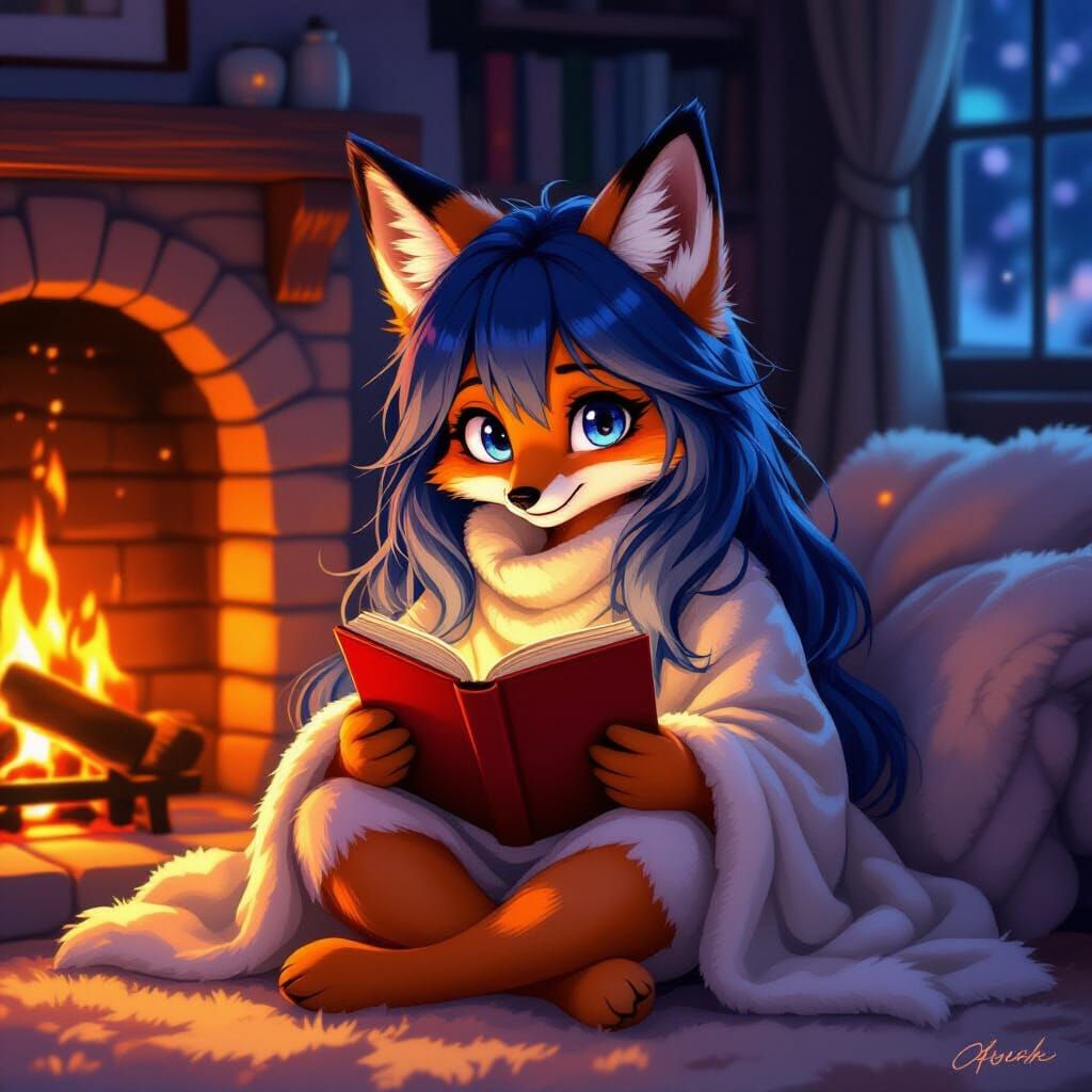 A shy, anthropomorphic fox girl with long indigo blue hair, ...