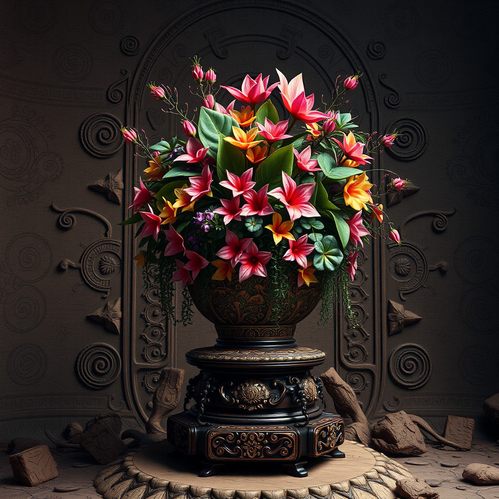 Ornate Flower Pot in Mystical Mud Environment