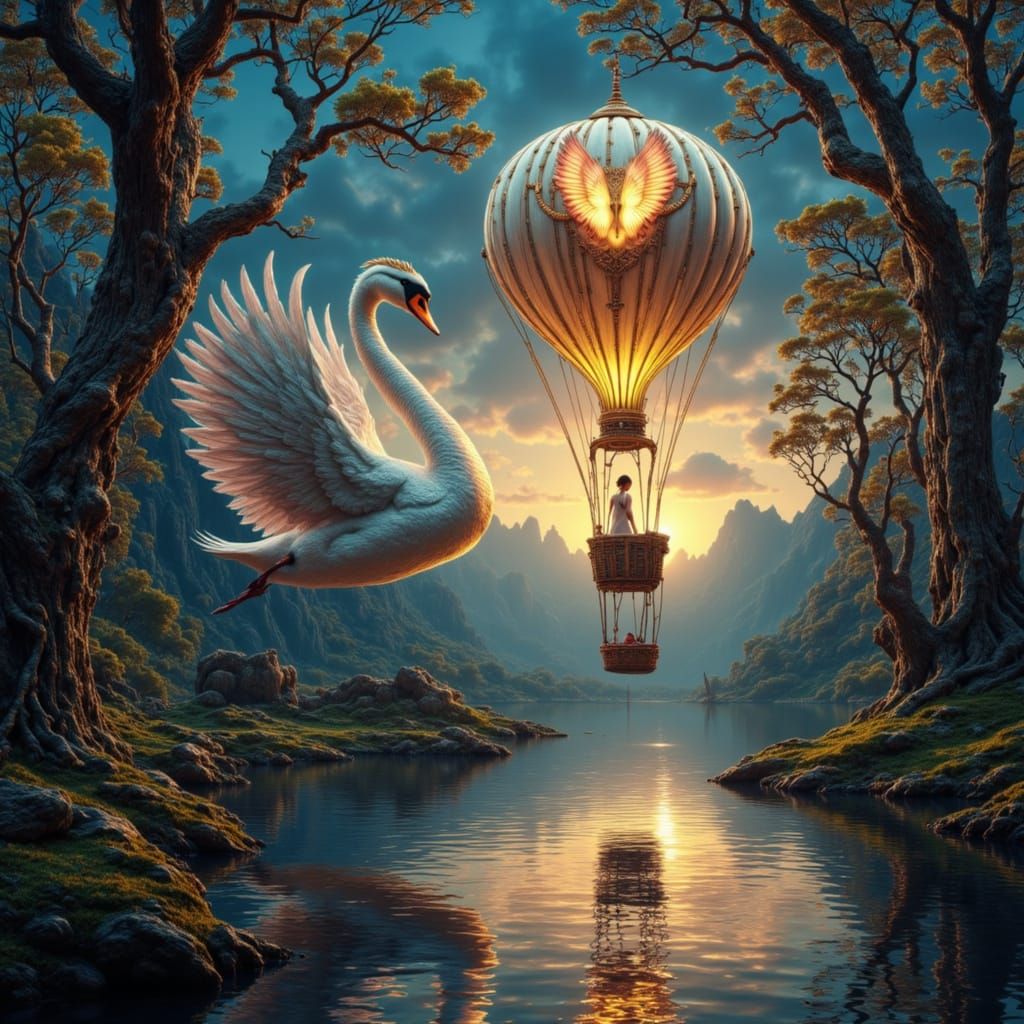Swan Hot Air Balloon Over Twilight Lake
