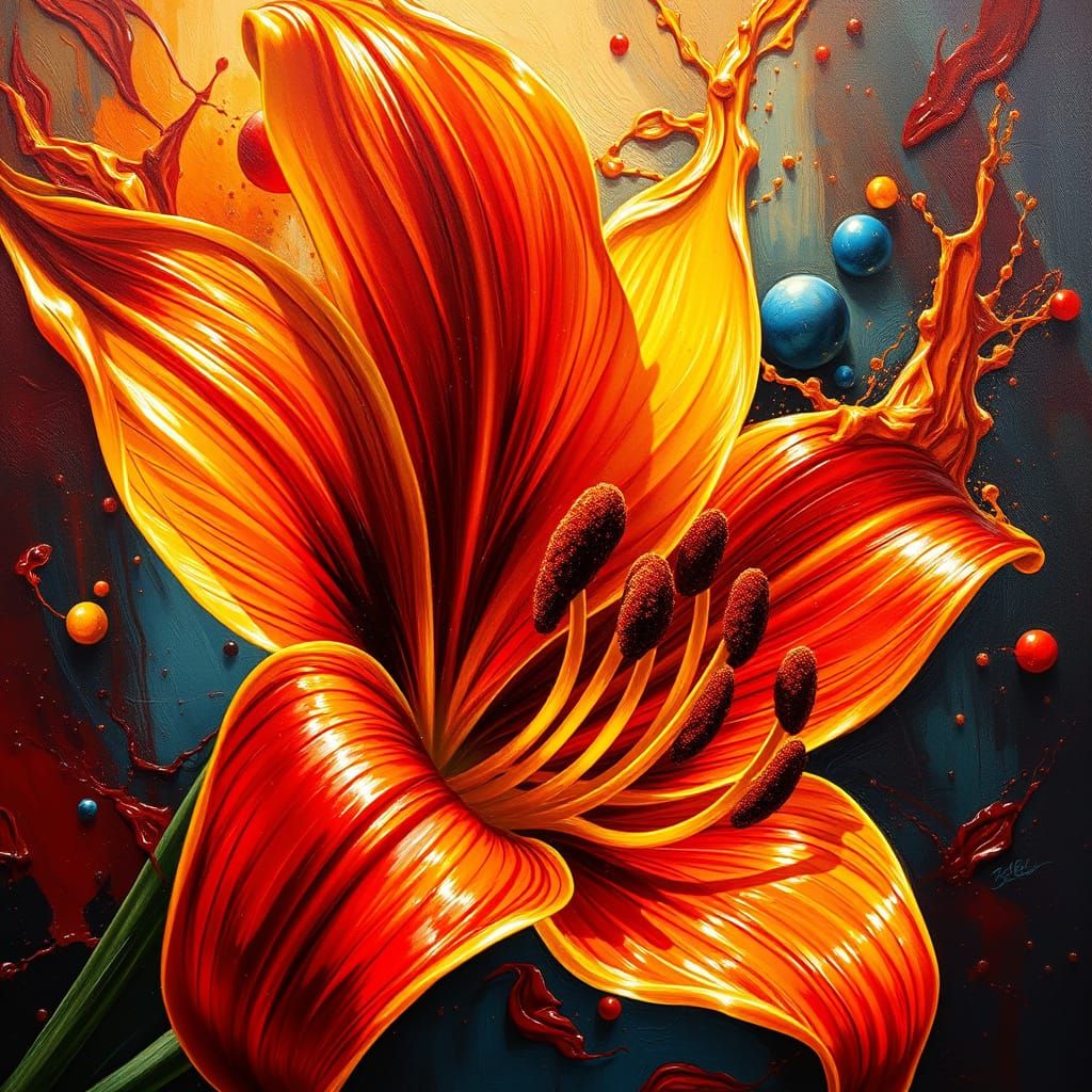 "a painting of red and gold lilly. flowing lines brushstroke...