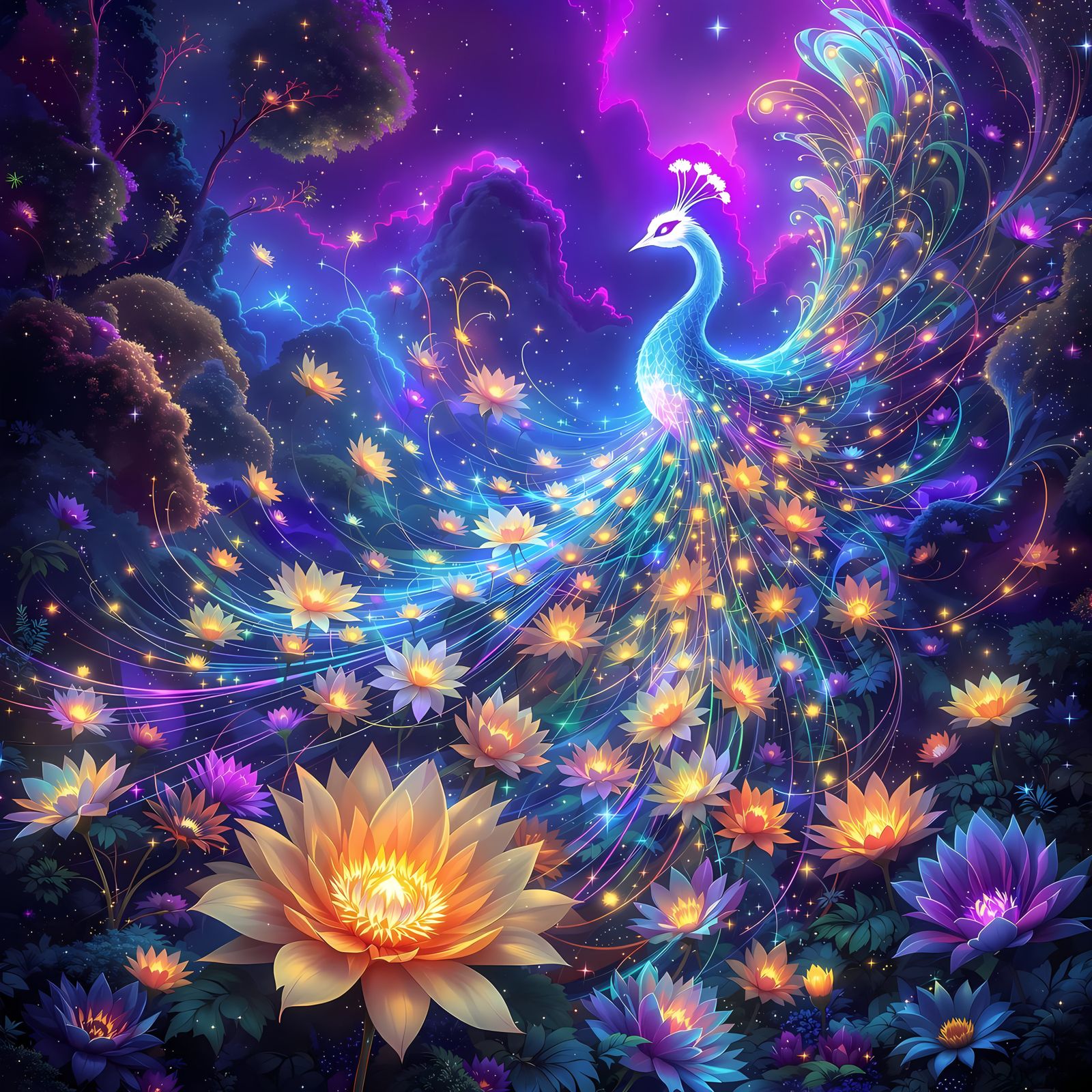 Iridescent Peacock in Vibrant Fractal Landscape