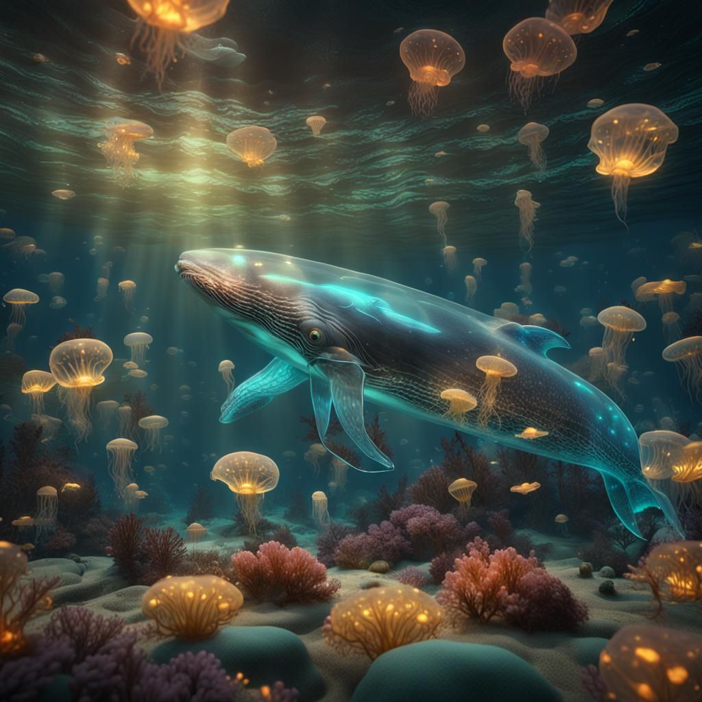 Glass Whale in Glowing Ocean, Fantasy Concept Art
