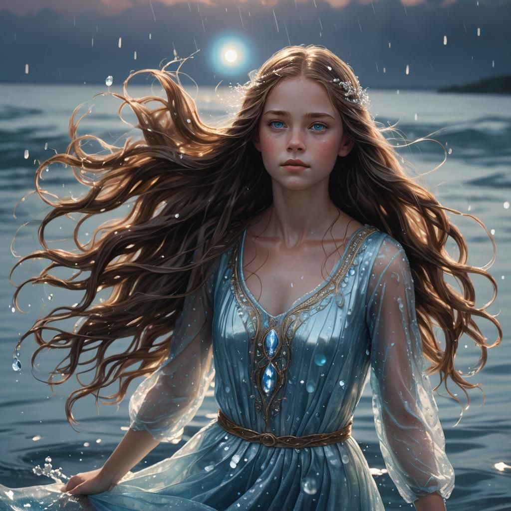 Girl in Ocean Dress Walking on Water: Digital Art