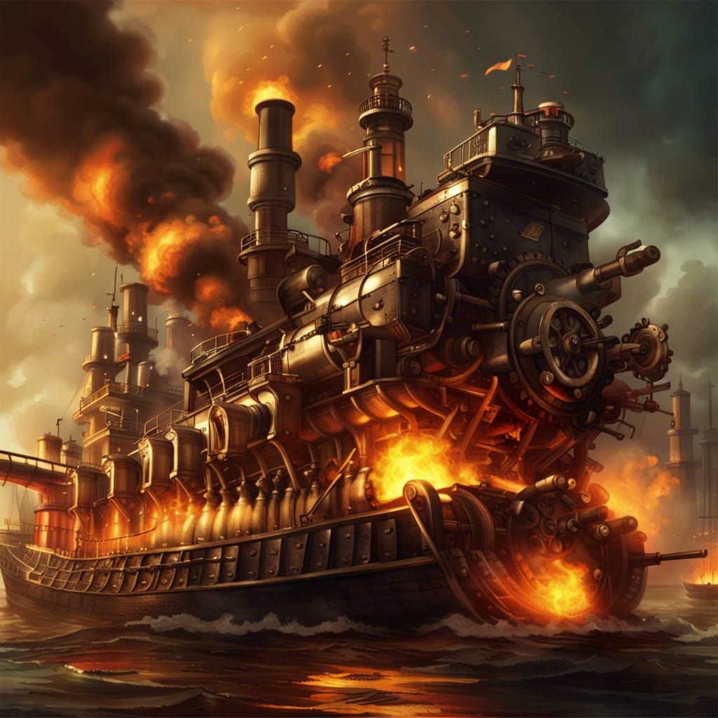 Steampunk Ship Ablaze with Cannons