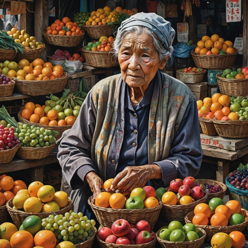 Hyperrealistic Old Woman Selling Colorful Fruits