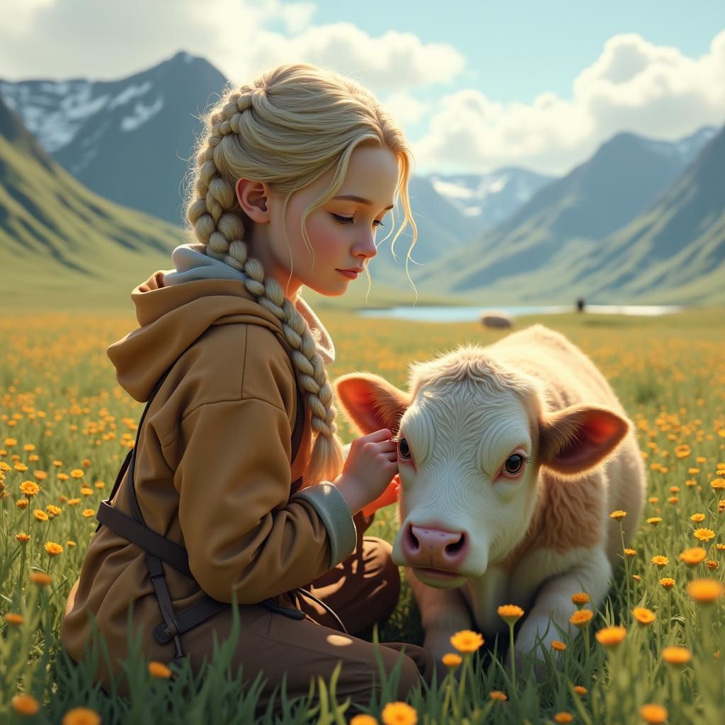 Nordic Girl Tending Cow, Digital Anime Art