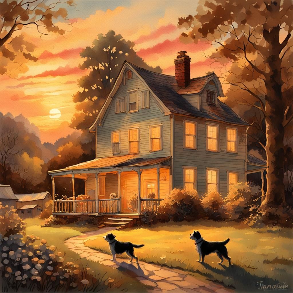 Rustic Farmhouse in Warm Sunset Glow