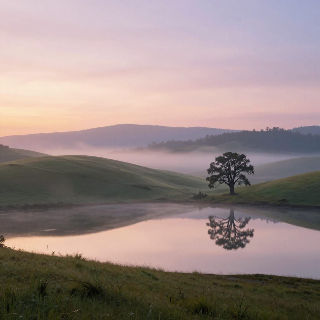 Serene Dawn Landscape with Ancient Tree and Lake