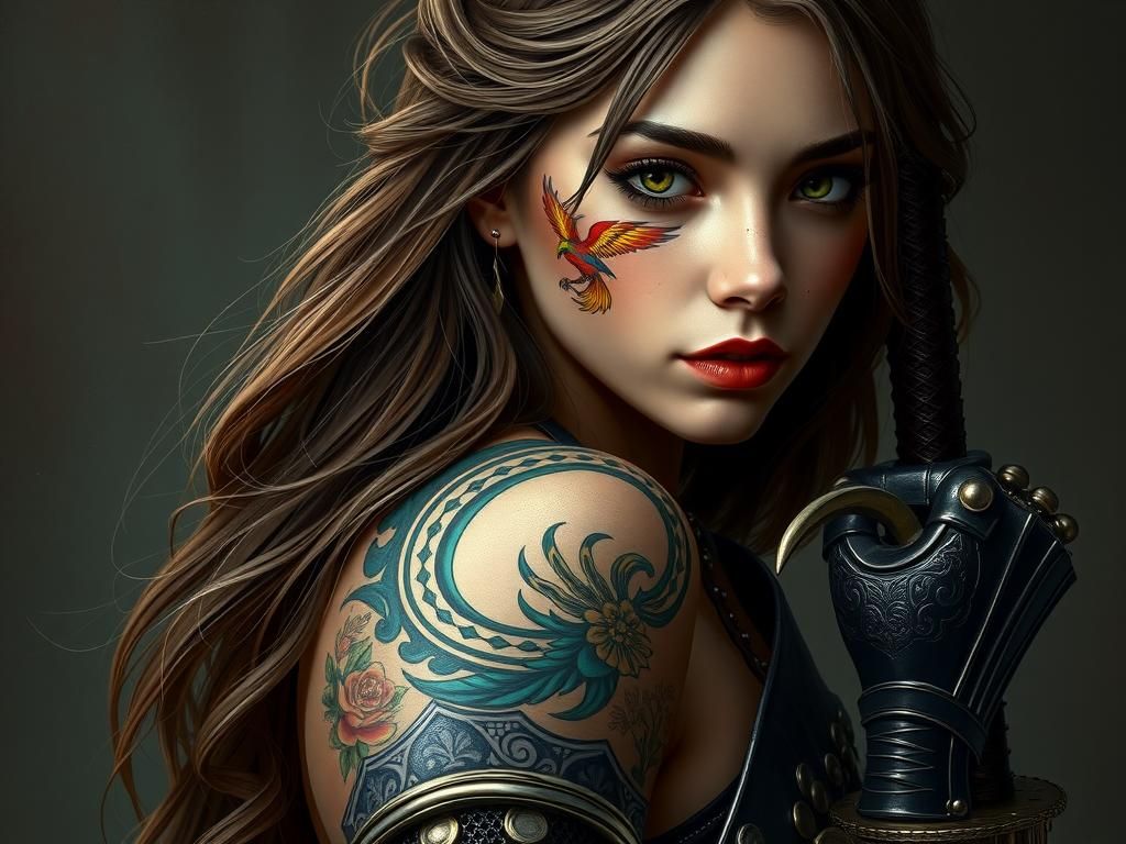 Medieval Woman with Colibri Tattoo, Fantasy Art