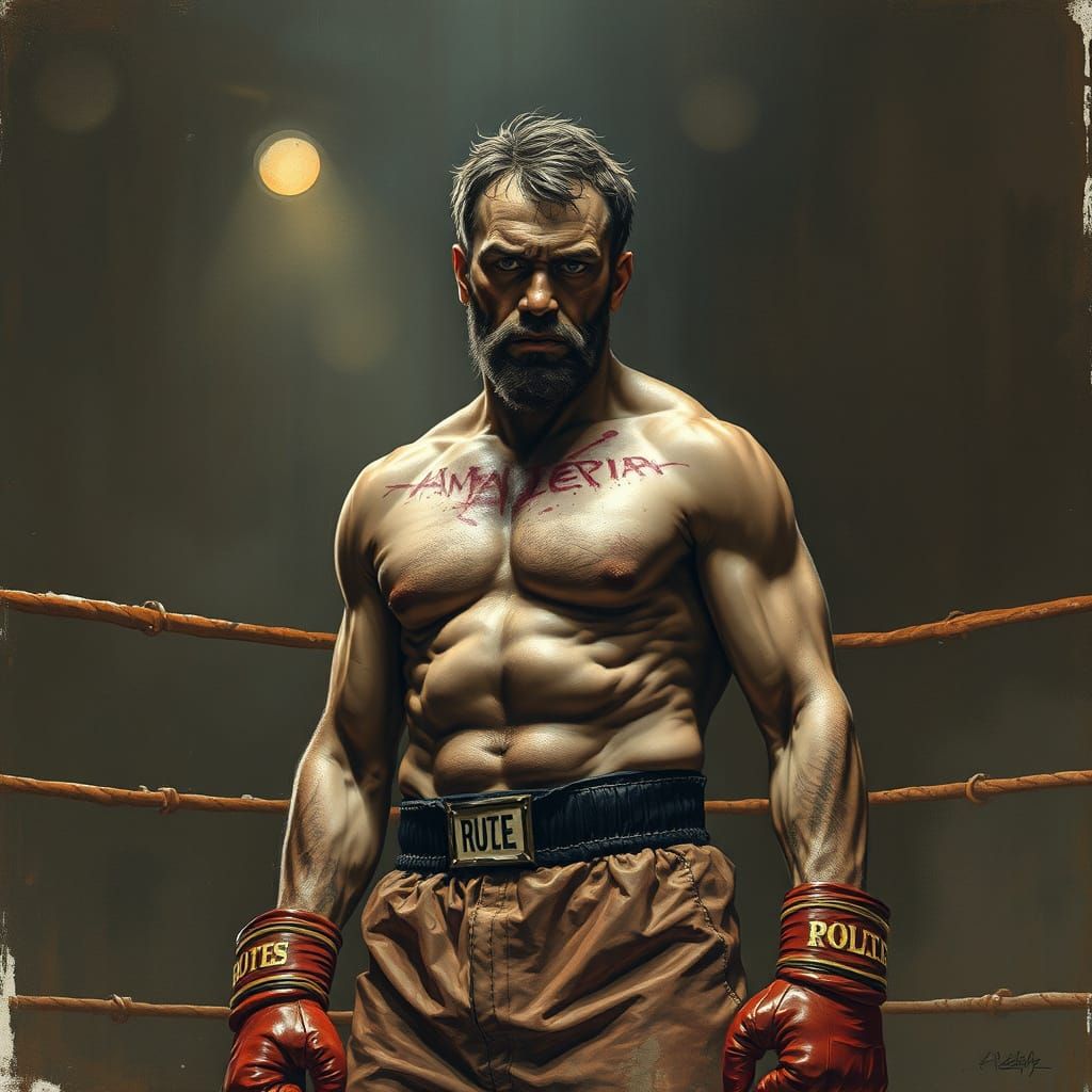 Battered Boxer in a Gritty, Darkly Lit Ring
