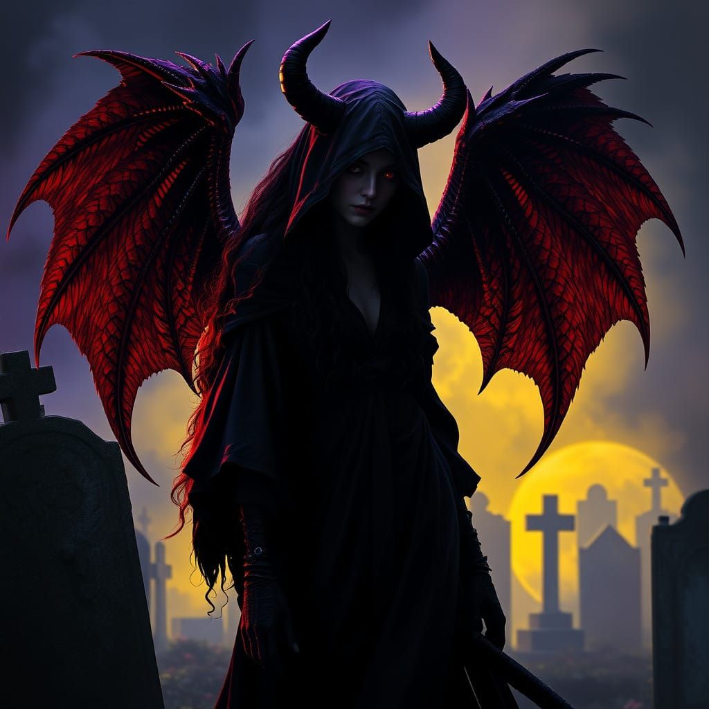 Ethereal Female Demon Unfolds in Dark Fantasy Scene